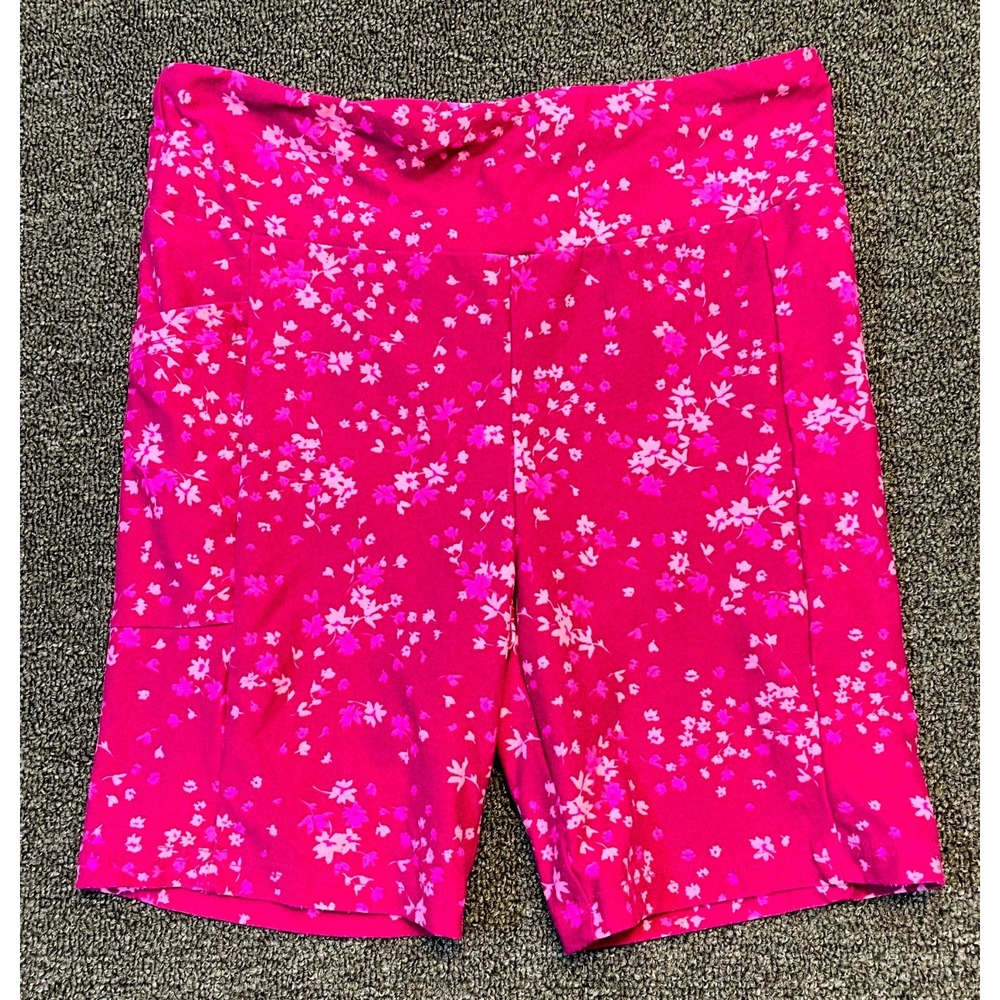 No Boundaries Bike Shorts Women Small Red Floral Cell Phone Pocket Elastic Waist